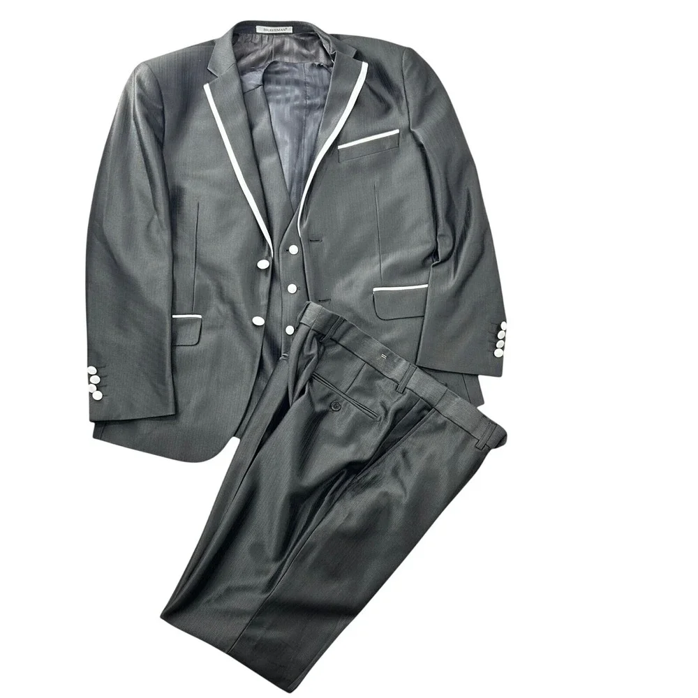 Braveman Mens 3 Piece Suit Set Charcoal Grey White Piping Blazer Vest Pants
